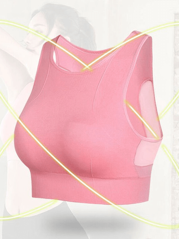 Pink quick-drying elastic women's sports bra with mesh stitching, ideal for training. Breathable and moisture-wicking design.